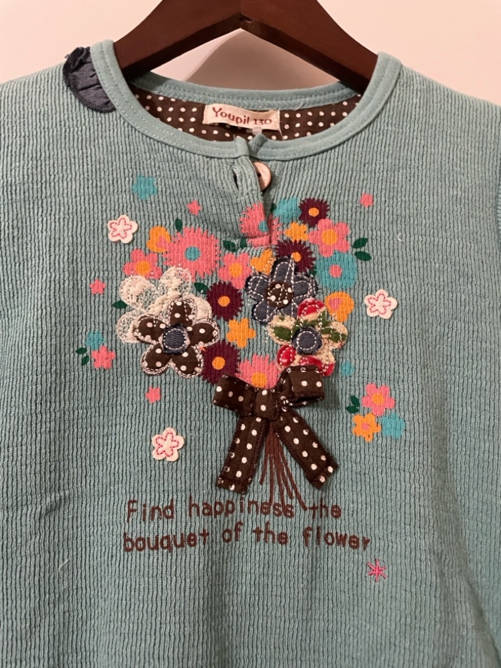 NWT Youpi! Kimuratan Japan Floral Bouquet Waffle Knit Top Teal - Size 130 - Picture 6 of 7
